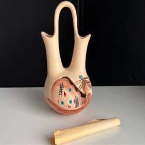 Vintage Wedding  Ceremony Vase Turquoise Feather Pueblo ceramic